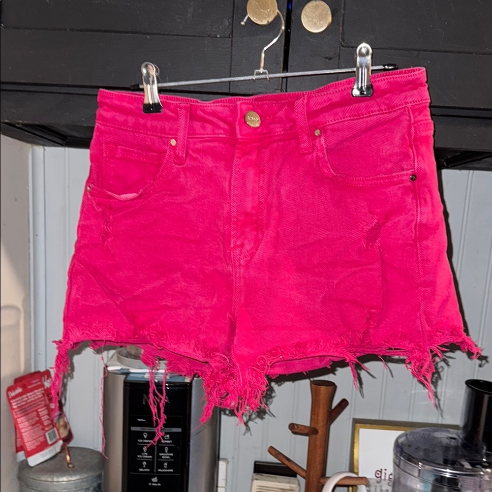Vibrant Pink Frayed Hem Jean Shorts